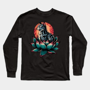 Grey cat with tribal tattoo in lotus Long Sleeve T-Shirt